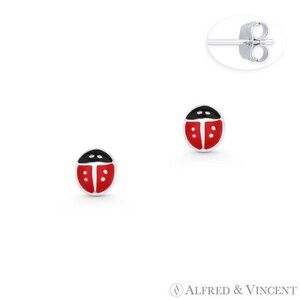 Ladybug Insect Lady-Luck Charm Stud Earrings in .925 Sterling Silver w/ Enamel